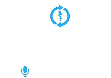 Blue icon of two people with microphone and speech bubble, with contact info for media requests.