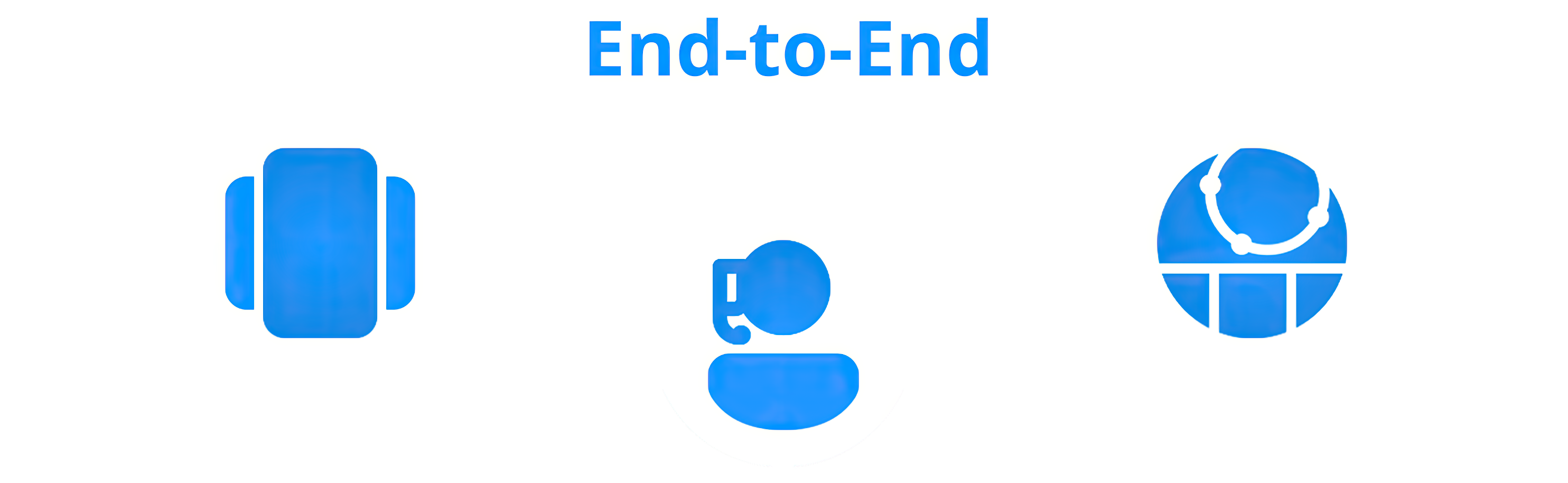 Blue and white graphic showing connected icons for support, management, and IT under the label End-to-End. Caption below reads: Support. Management. IT. Finally in sync.