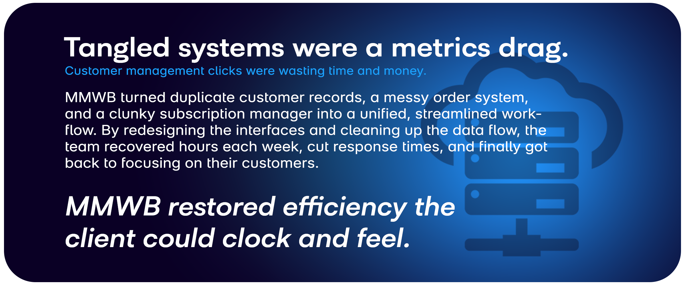 MMWB restored efficiency the client could clock and feel.