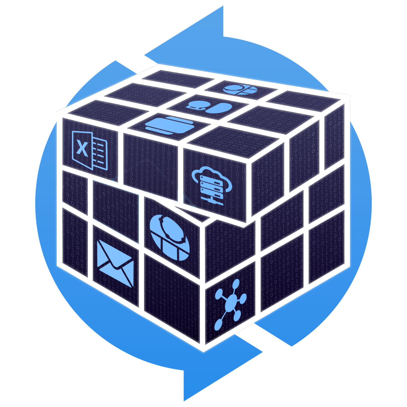 Cube made of digital icons and binary code inside a blue circle, symbolizing messy systems. Headline text: 'We Untangle Chaos.'