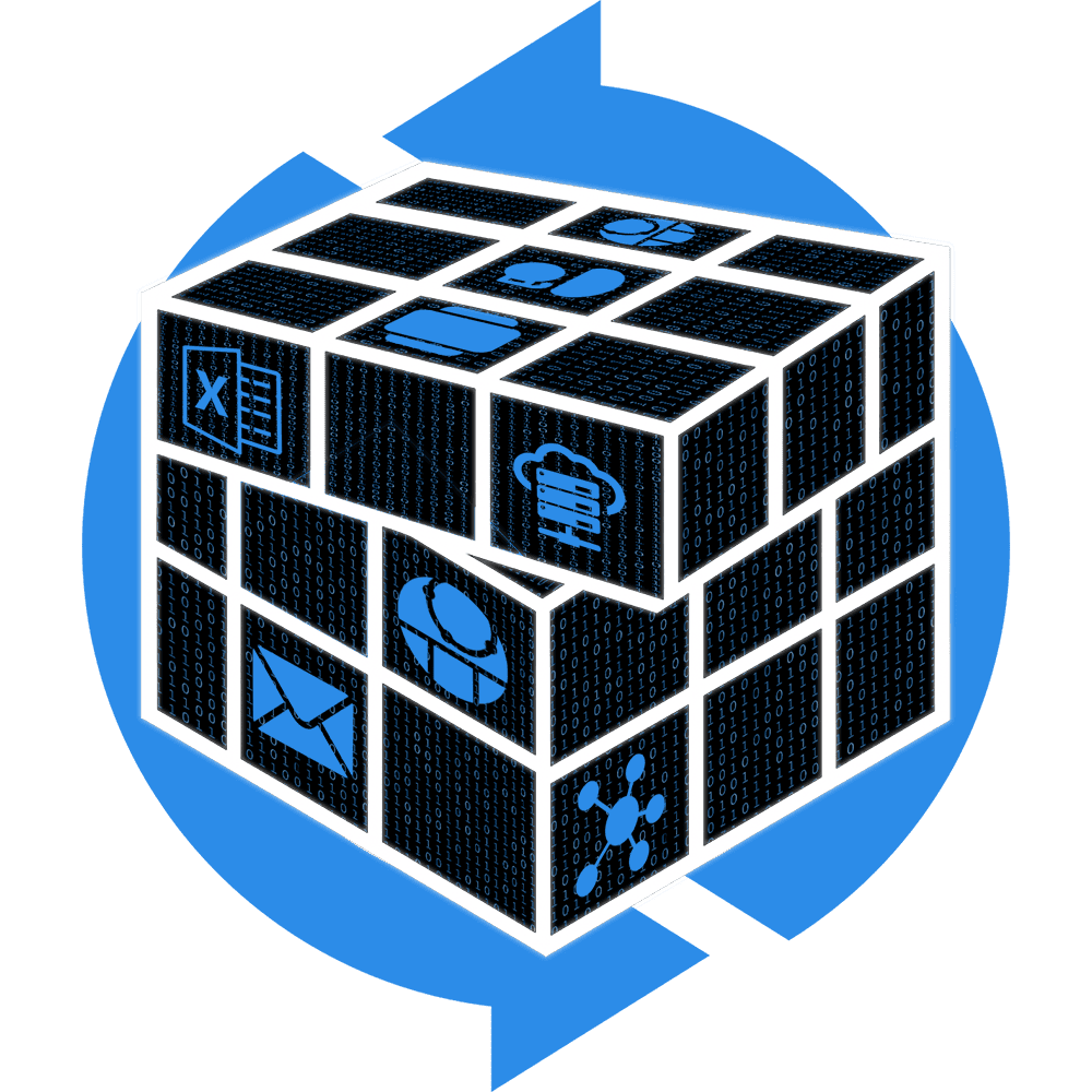 Cube made of digital icons and binary code inside a blue circle, symbolizing messy systems. Headline text: 'We Untangle Chaos.'