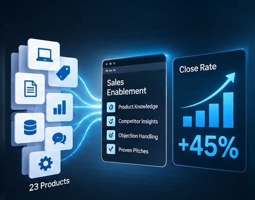 Sales enablement visualization showing product knowledge converging into a unified playbook and a 45 percent close-rate improvement.