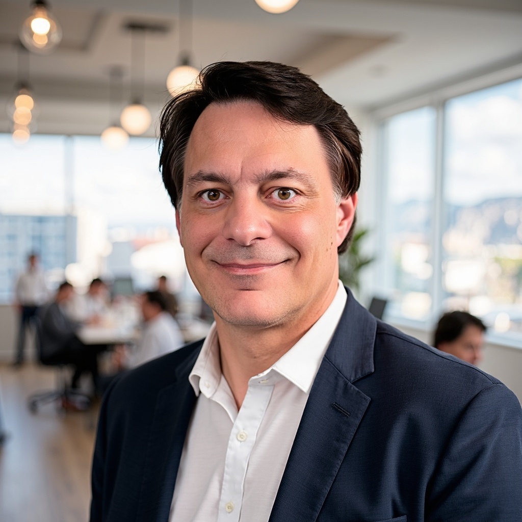 Portrait of Ben Klaiber, Chief Design Architect of MMWB, smiling. Text beside the image introduces him as a turnaround manager and digital product designer who transforms chaos into cohesion by clearing friction, syncing teams, and streamlining processes.