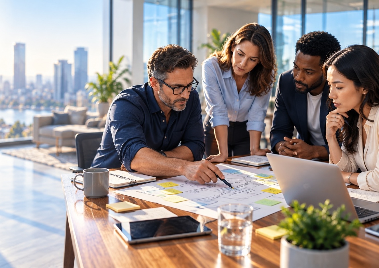 Multiple business people around a conference table.